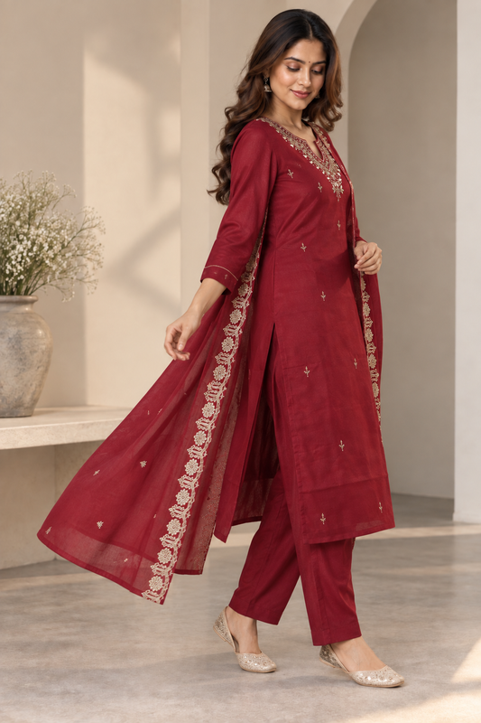 Maroon Embroidered Salwar Suit with Dupatta & Straight Pants(KSH-1231)