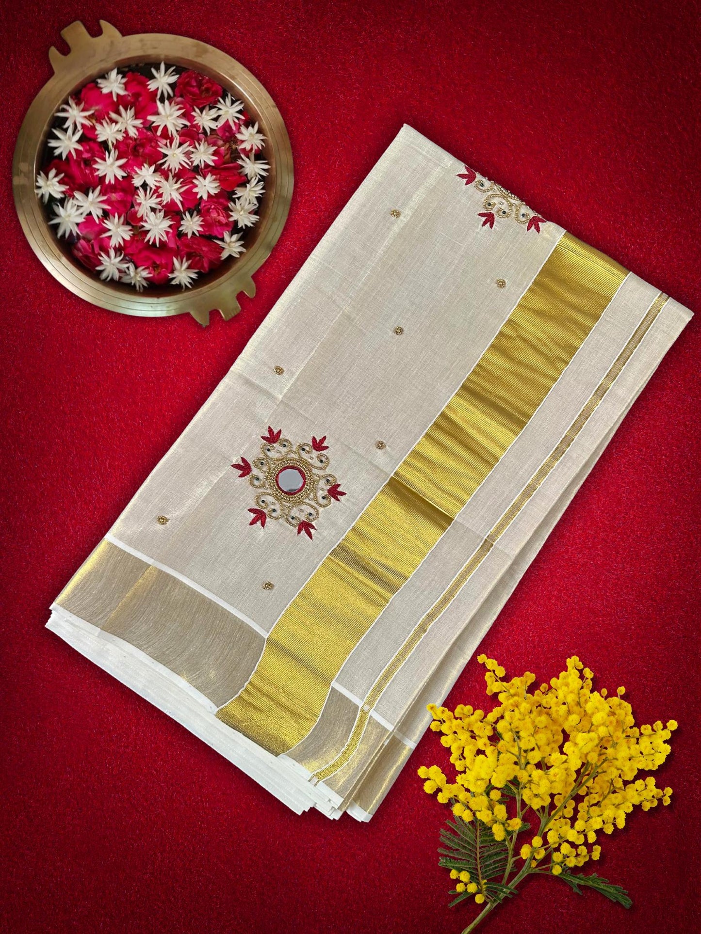 Kasavu saree with mirror work(SAR-226)