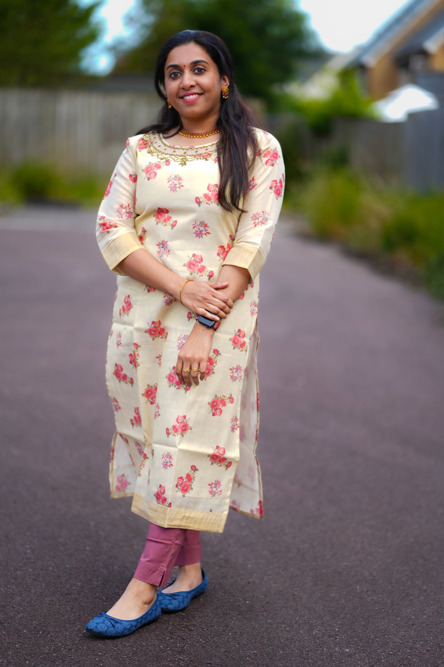Golden kasavu with floral design top( KER1017)
