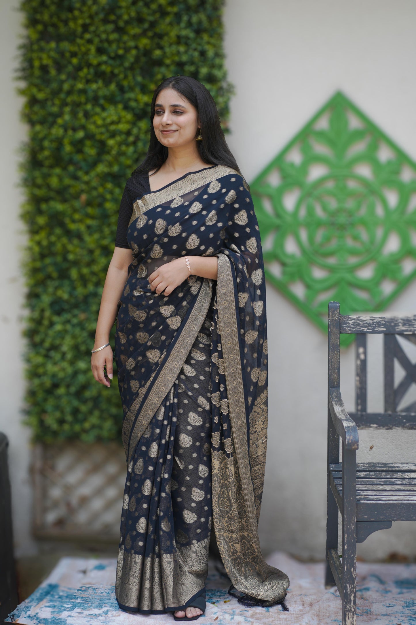 Elegant Black Georgette Saree with Antique Gold Zari Weaving (SAR-1143)