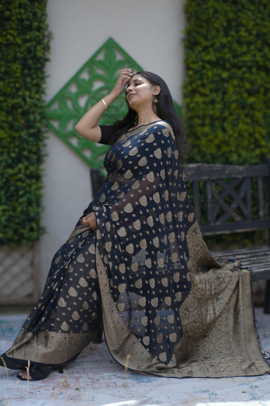 Elegant Black Georgette Saree with Antique Gold Zari Weaving (SAR-1143)