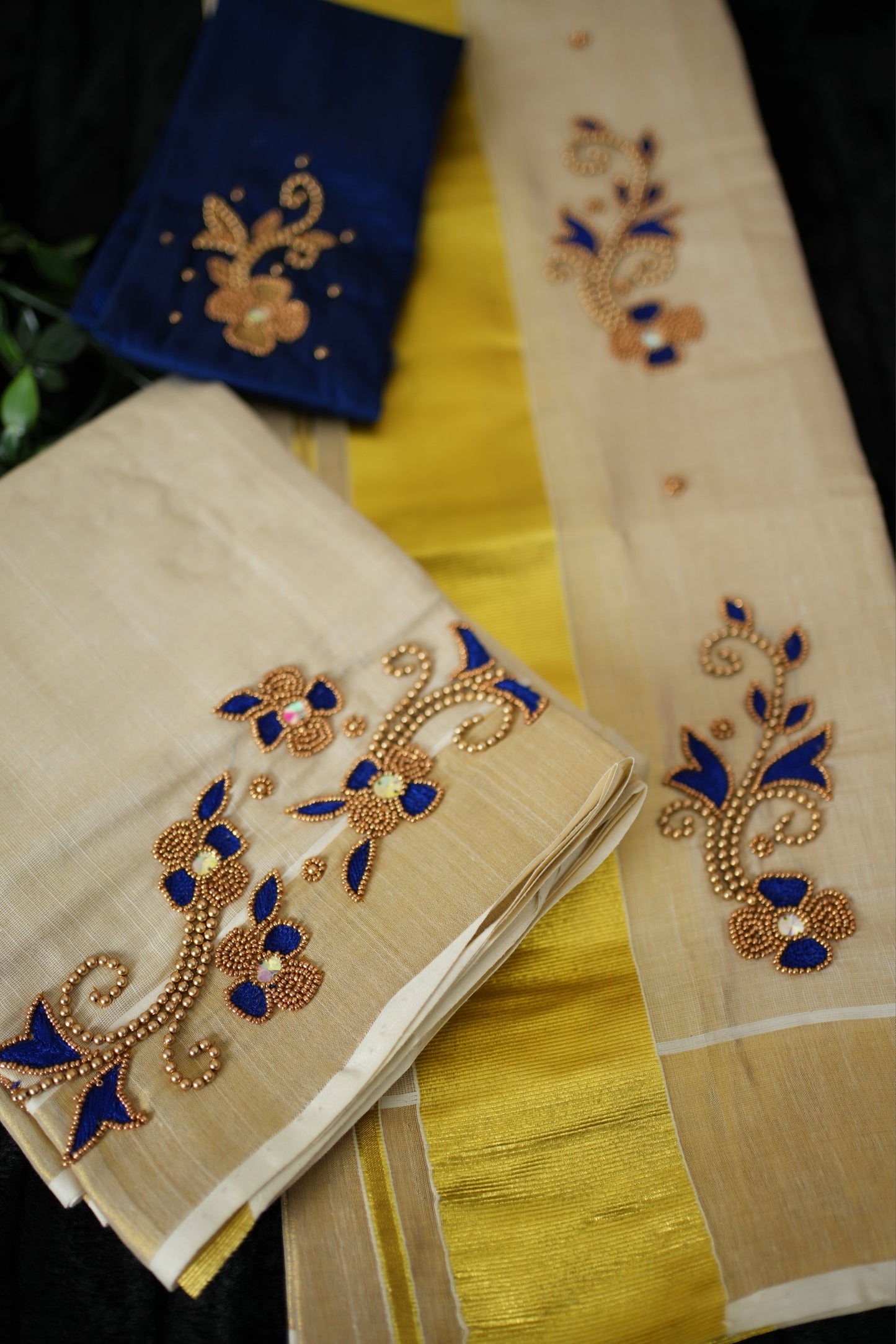 Set mundu with mirror and bead in floral design(SM-173)