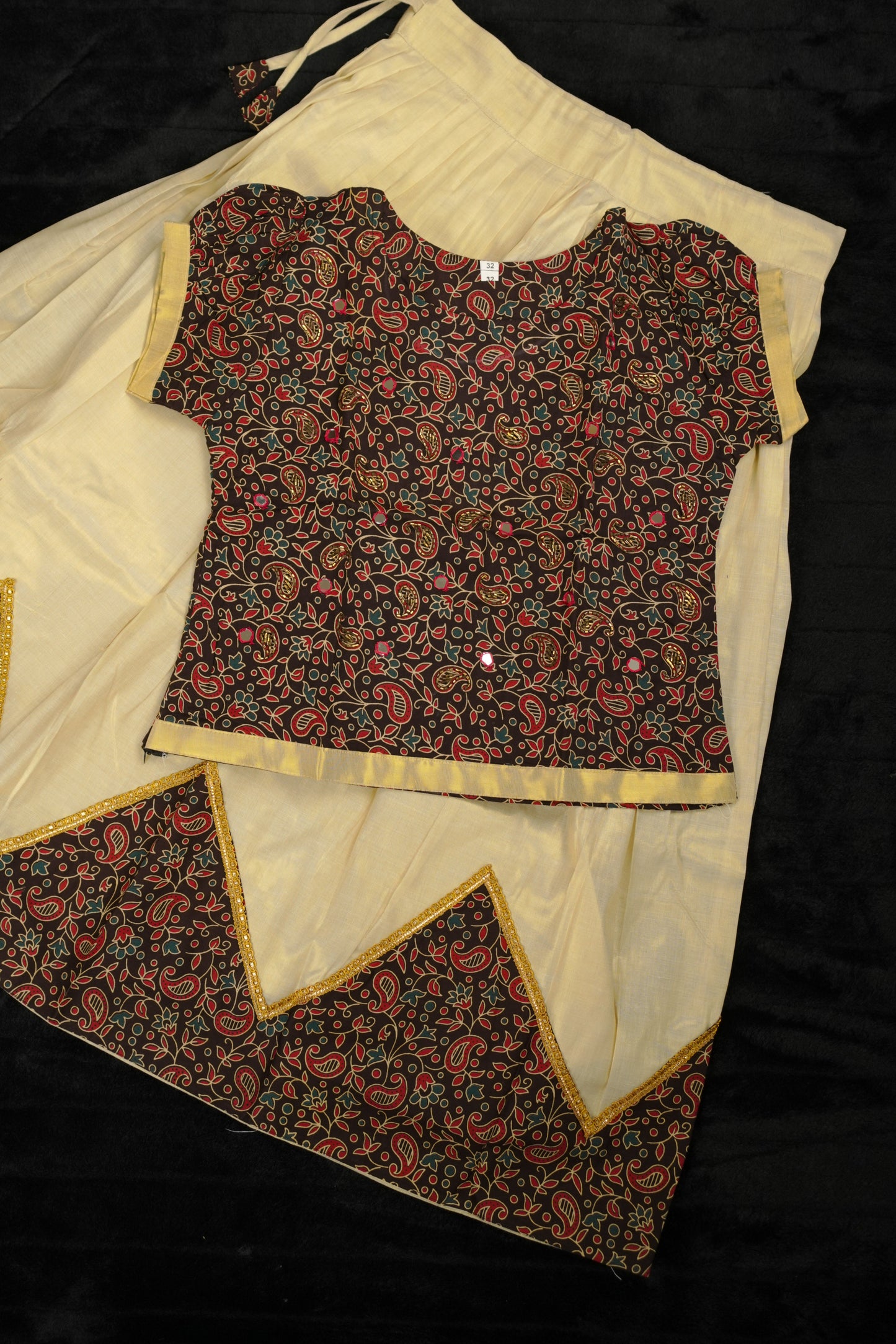 Girls ajrakh styled pavada with mirror work blouse (KCW121)