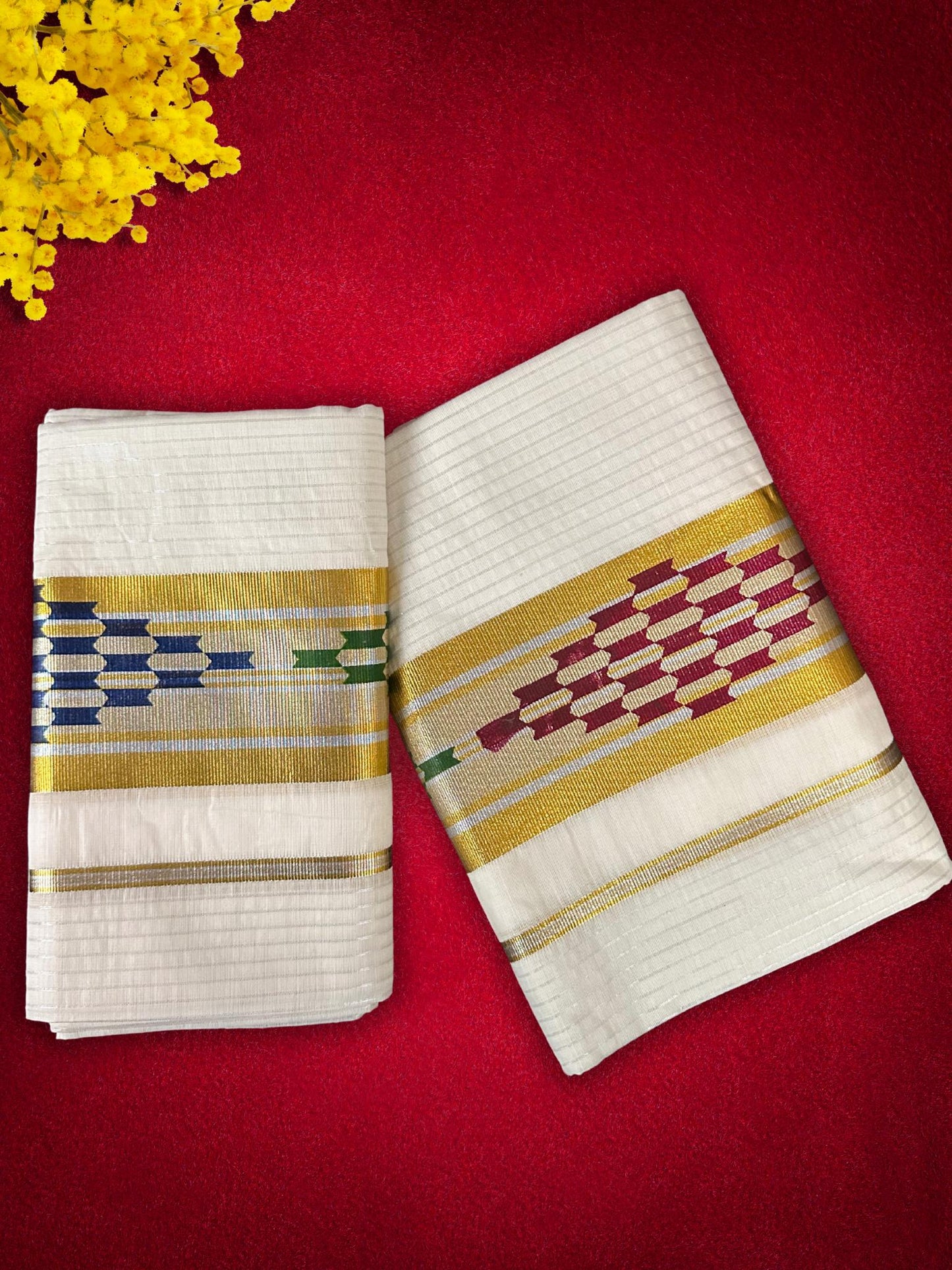 Kasavu Set Mundu with golden border and stripes(SM-239)