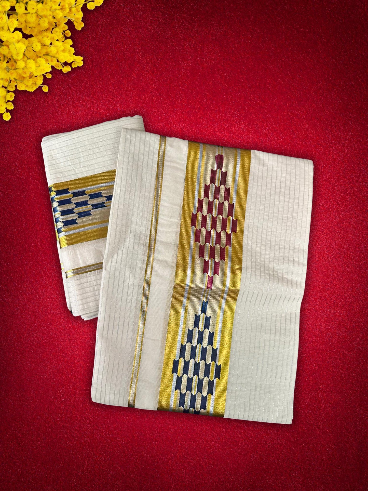 Kasavu Set Mundu with golden border and stripes(SM-239)