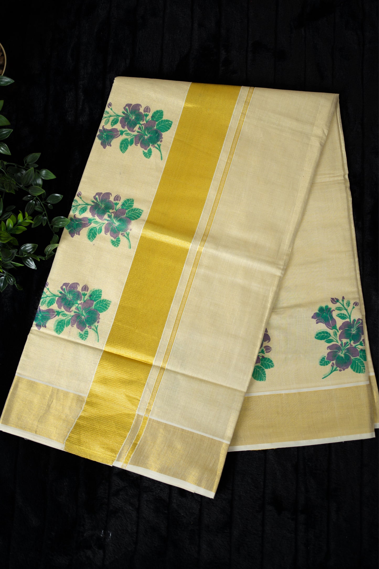 Kasavu saree with floral print(SAR-205)
