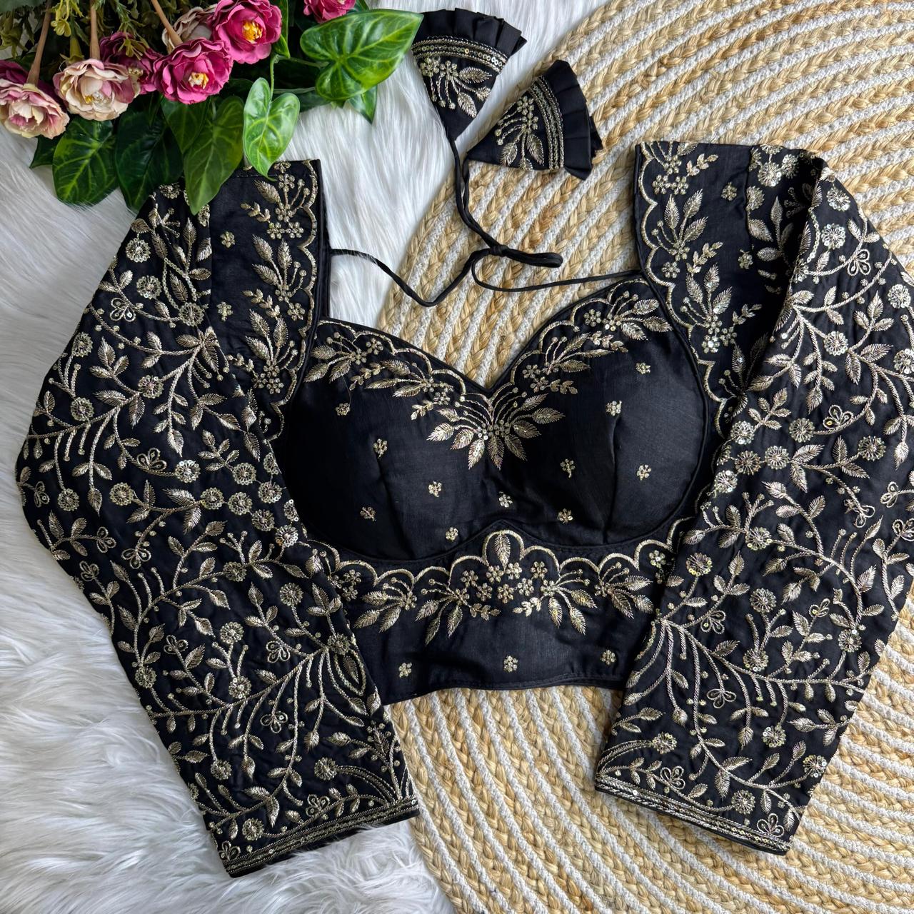 Vichitra Silk Blouse with Zari Embroidery - Black (Code:B30)