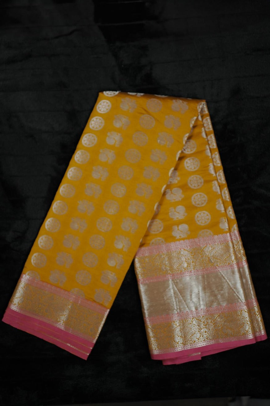 Traditional Mustard Yellow Kanjivaram Silk Saree with Silver Zari (SAR-1140)