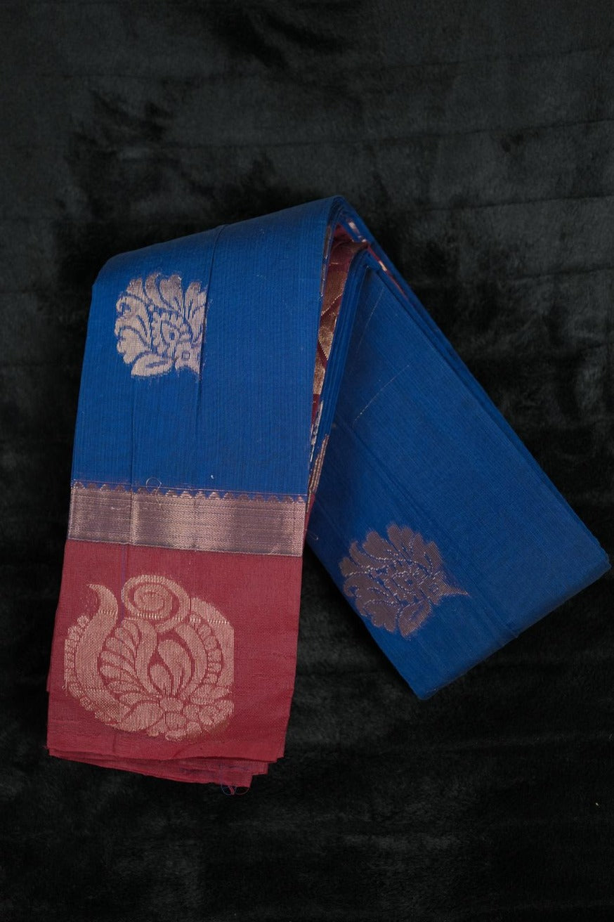 Royal Blue Handloom Silk Saree with Maroon Zari Pallu & Floral Motifs (SAR-1141)