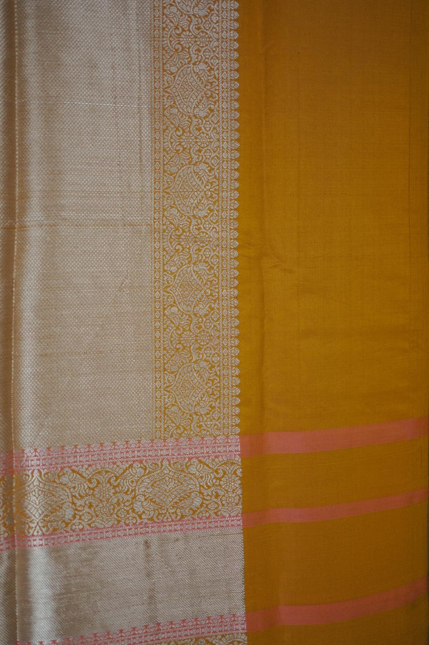 Traditional Mustard Yellow Kanjivaram Silk Saree with Silver Zari (SAR-1140)
