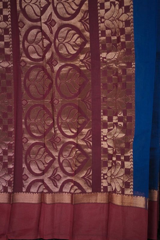 Royal Blue Handloom Silk Saree with Maroon Zari Pallu & Floral Motifs (SAR-1141)