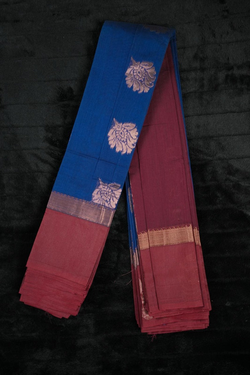 Royal Blue Handloom Silk Saree with Maroon Zari Pallu & Floral Motifs (SAR-1141)