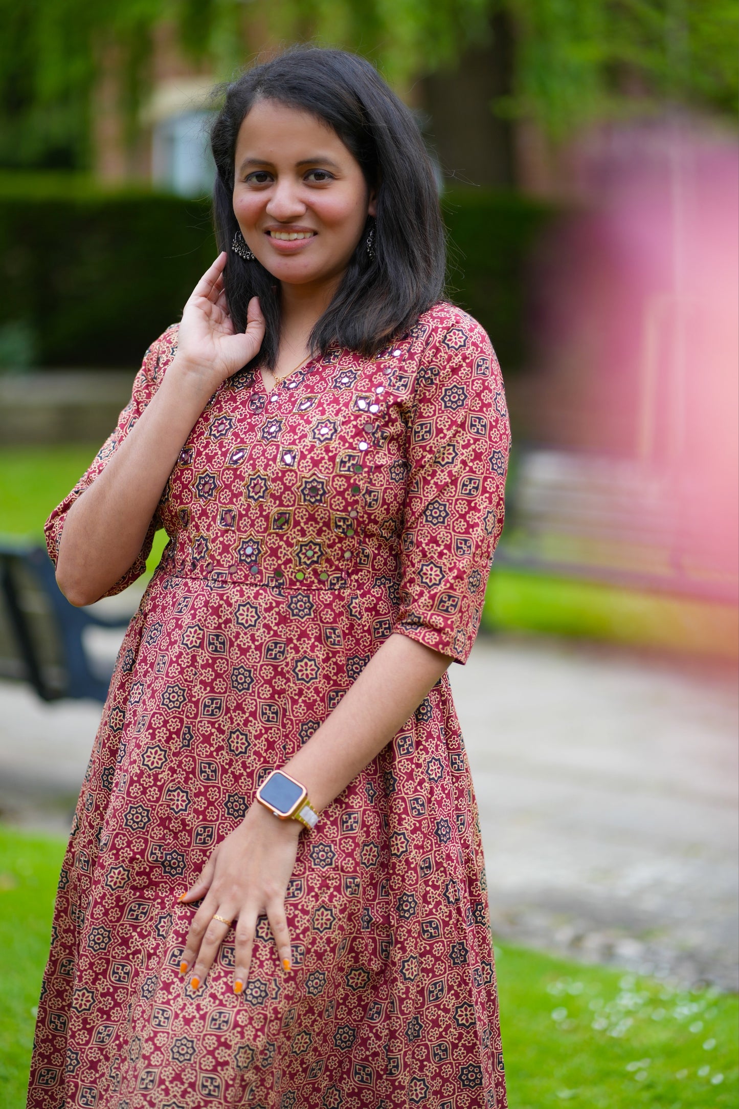 Ajrakh print dress with mirror work(KER-905)