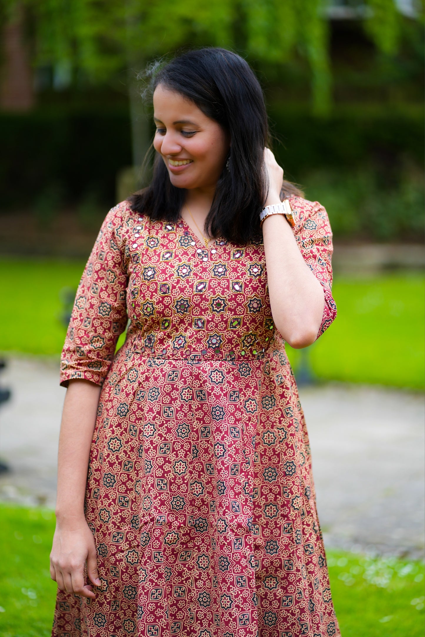 Ajrakh print dress with mirror work(KER-905)