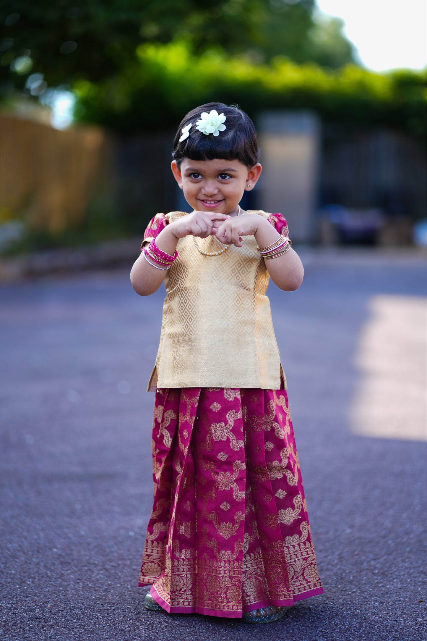 Kancheepuram silk pattu pavada in golden and maroon colour ( KCW103)