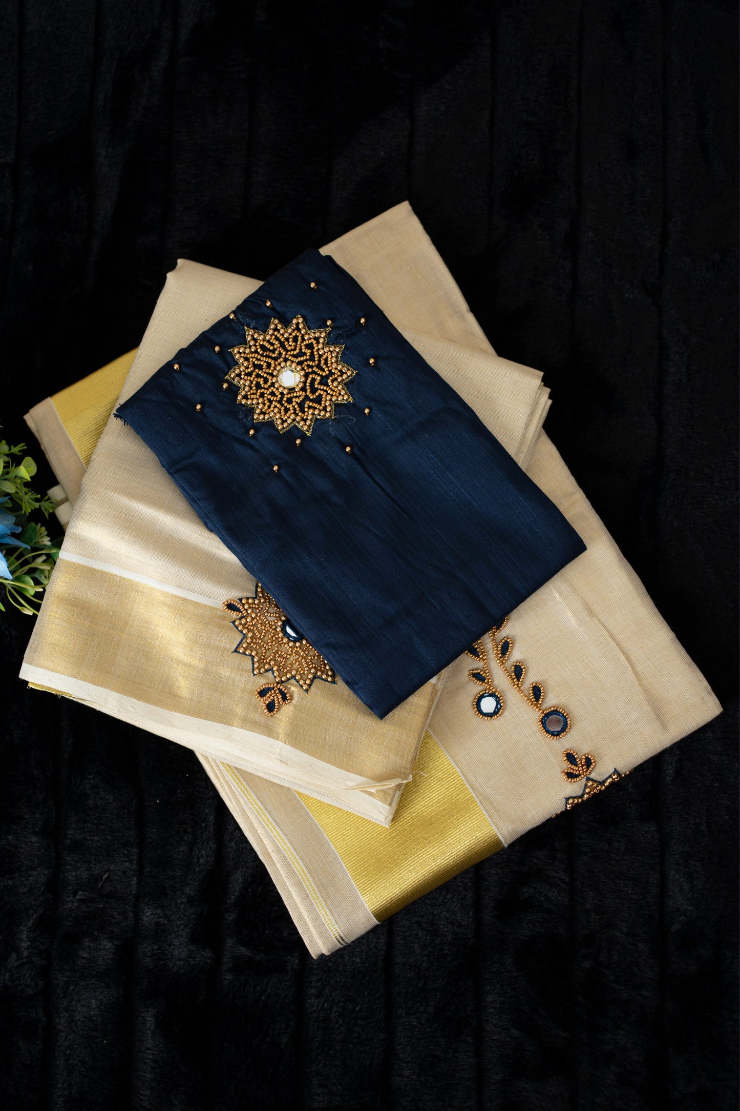 Golden kasavu set mundu with mirror and bead work(SM-170)
