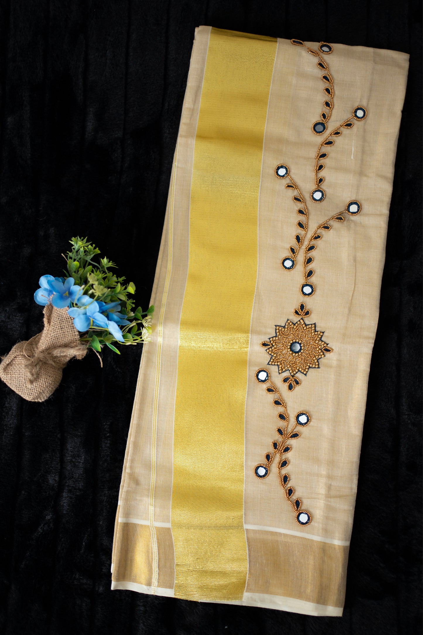 Golden kasavu set mundu with mirror and bead work(SM-170)