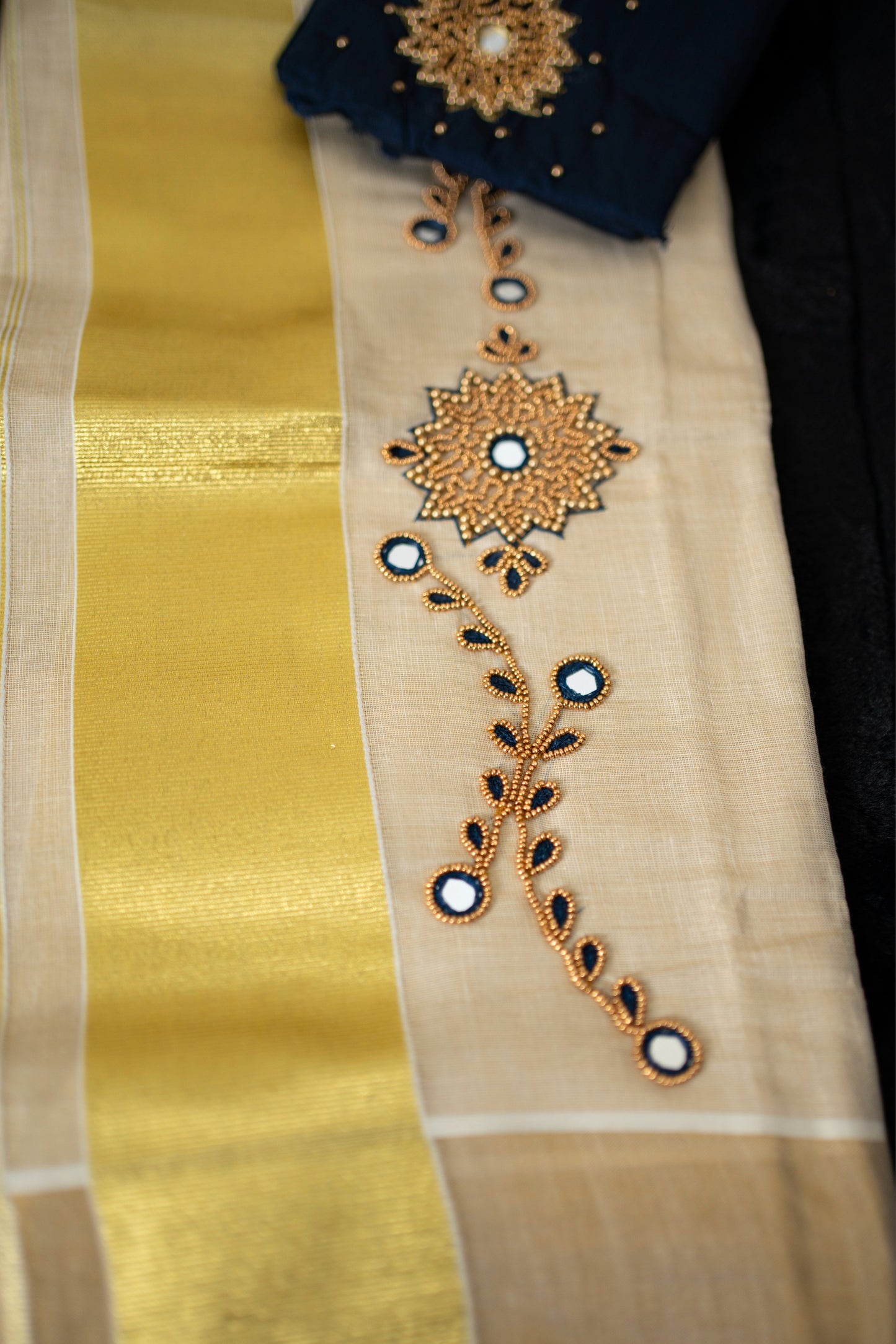 Golden kasavu set mundu with mirror and bead work(SM-170)