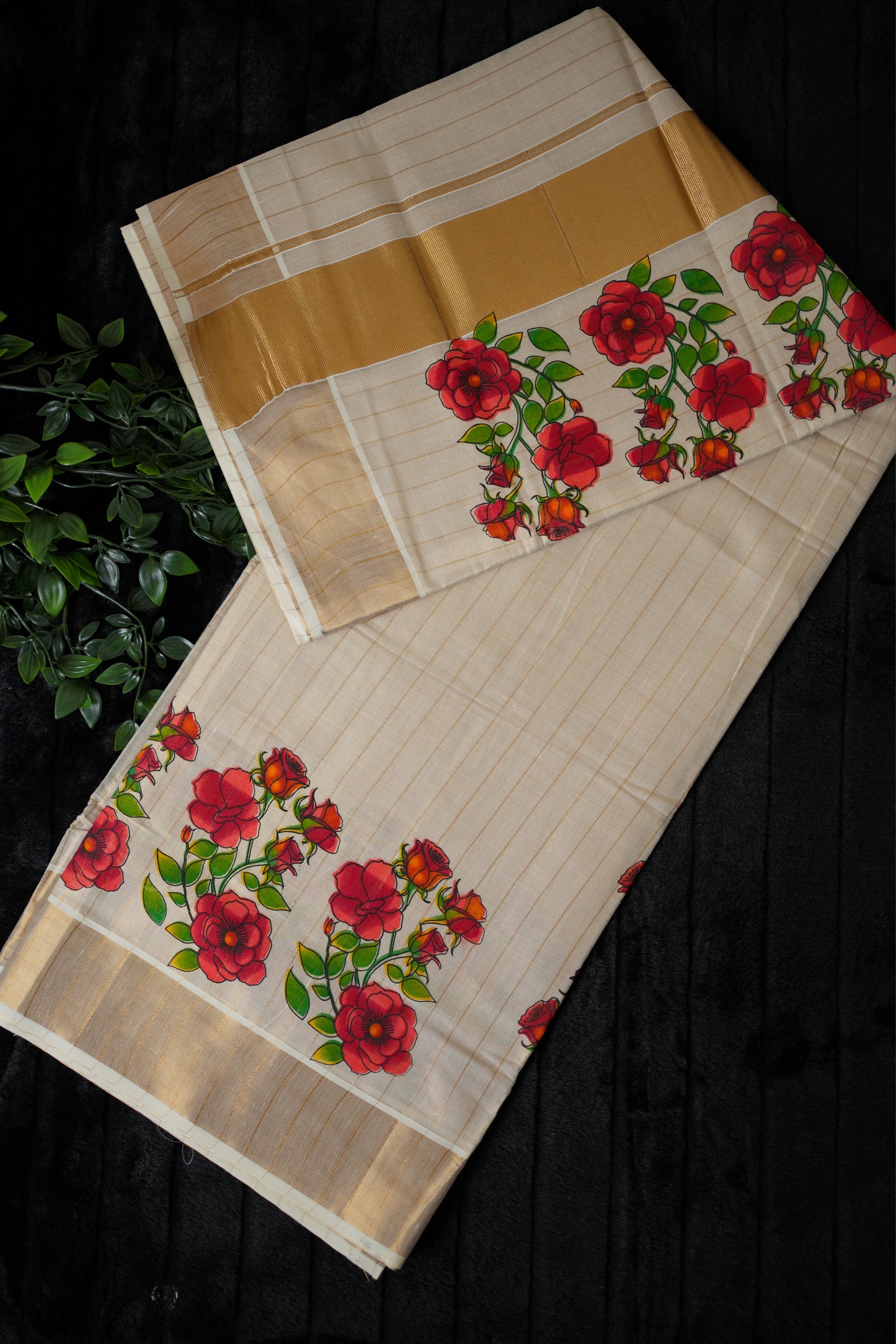 Kasavu tissue saree with floral design (SAR-199)