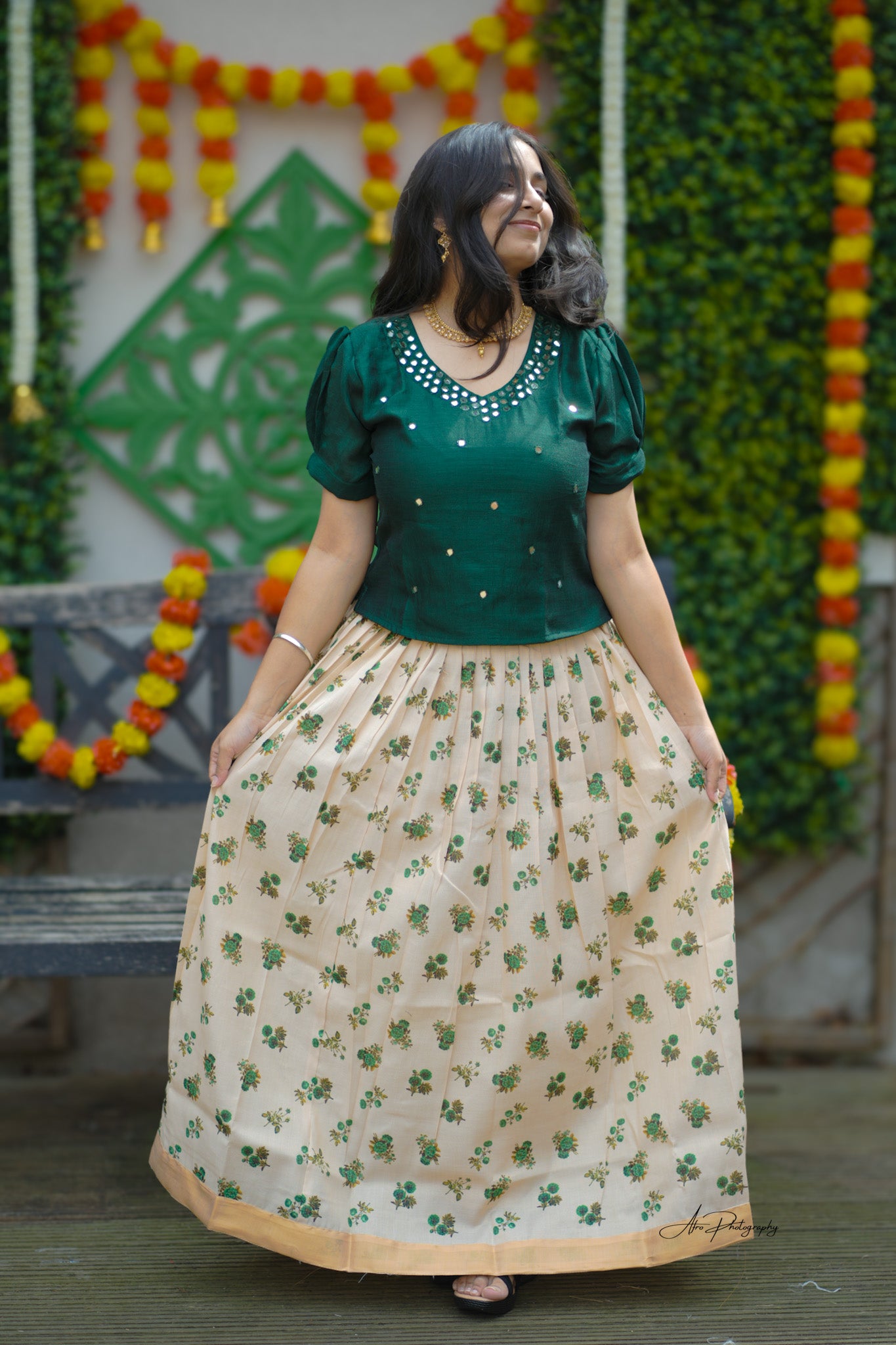 Emerald Green Mirror Work Blouse with Cream Floral Silk Skirt - (KER-1145)