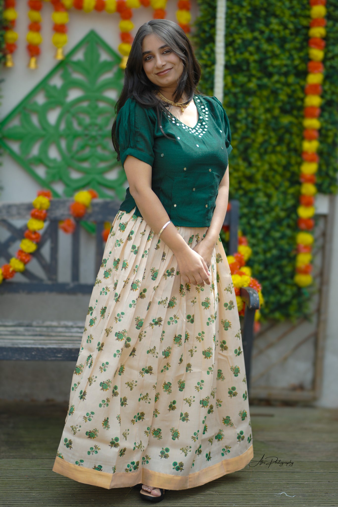 Emerald Green Mirror Work Blouse with Cream Floral Silk Skirt - (KER-1145)