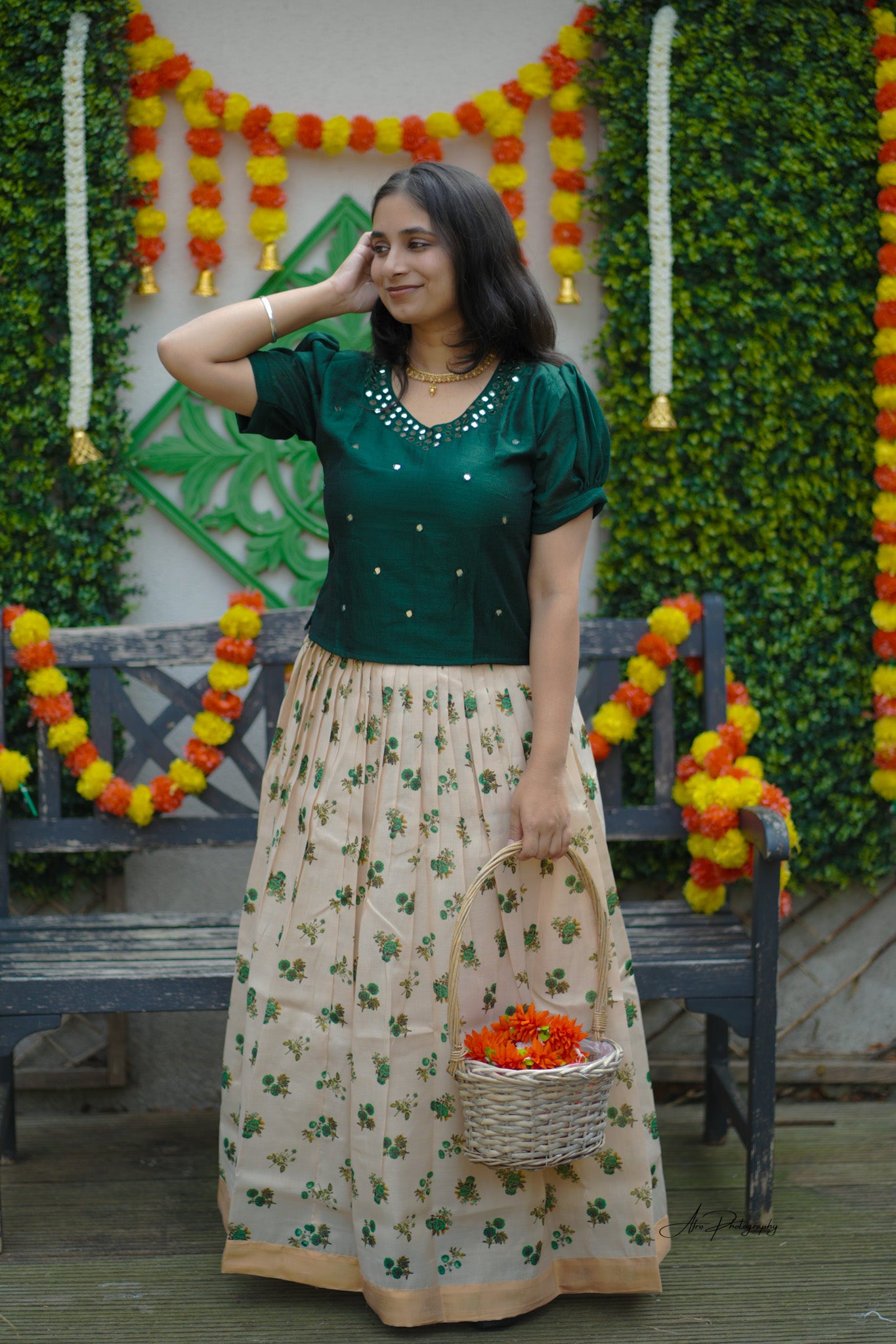 Emerald Green Mirror Work Blouse with Cream Floral Silk Skirt - (KER-1145)