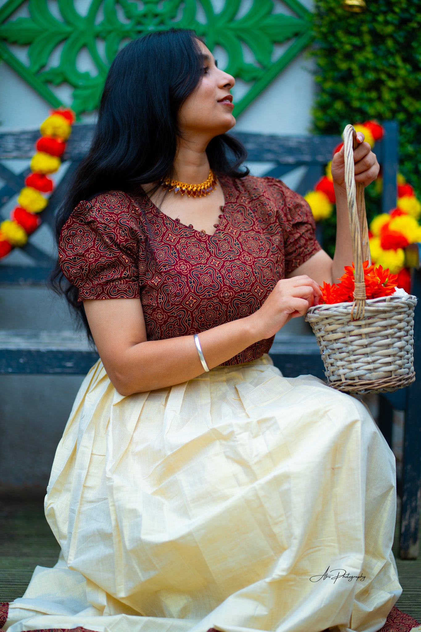 Ajrakh Style Blouse with tissue skirt (KER-1149)