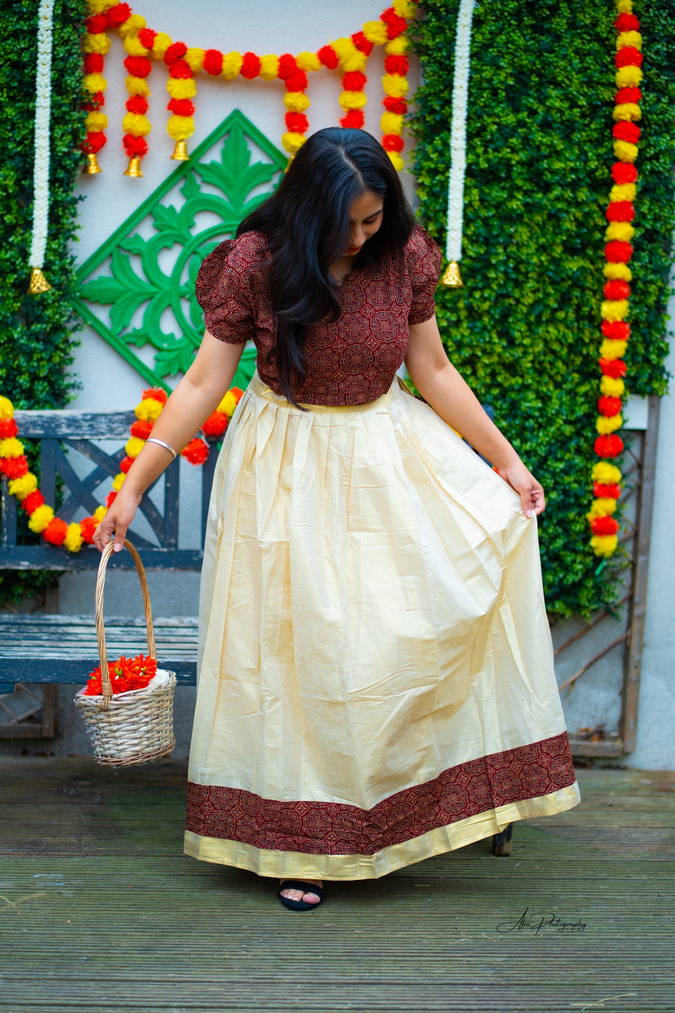 Ajrakh Style Blouse with tissue skirt (KER-1149)