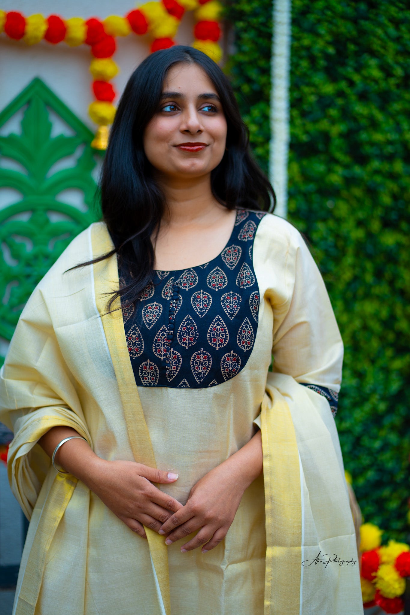 Tissue Kasavu Kurti set in Ajrakh design (KER-1147)