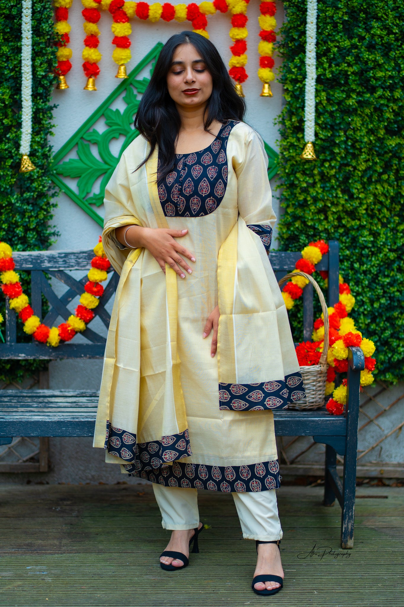 Tissue Kasavu Kurti set in Ajrakh design (KER-1147)