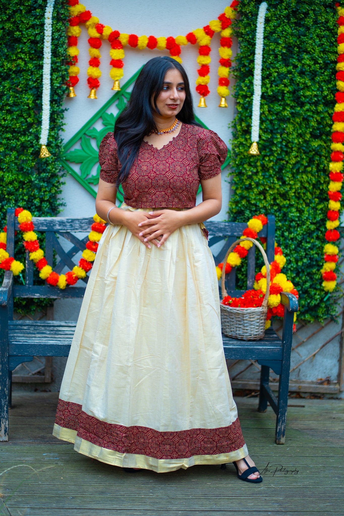 Ajrakh Style Blouse with tissue skirt (KER-1149)
