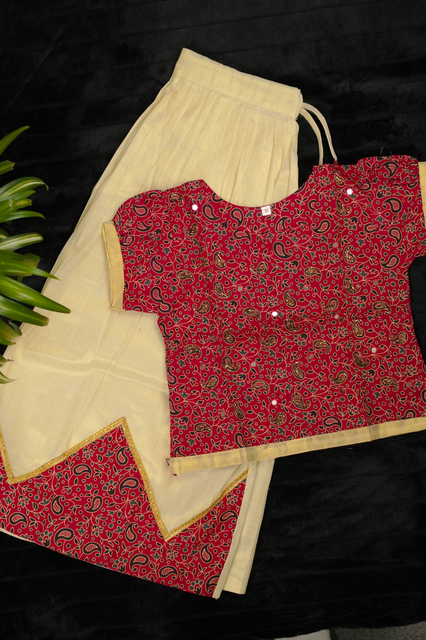 Girls ajrakh styled pavada with mirror work blouse from Floral Blues (KCW114)