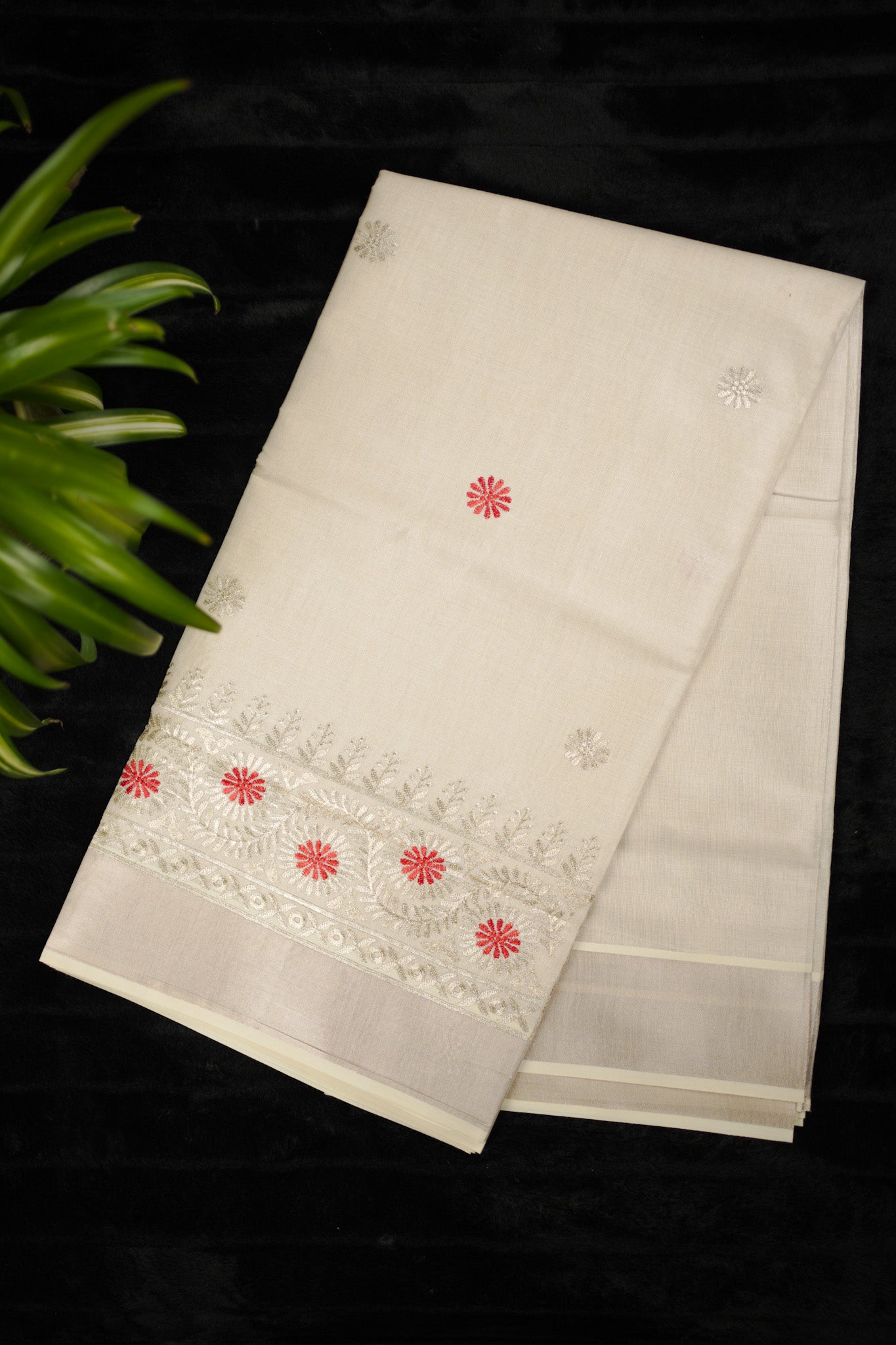 Tissue Kasavu Set Saree with embroidery (SAR-1154)