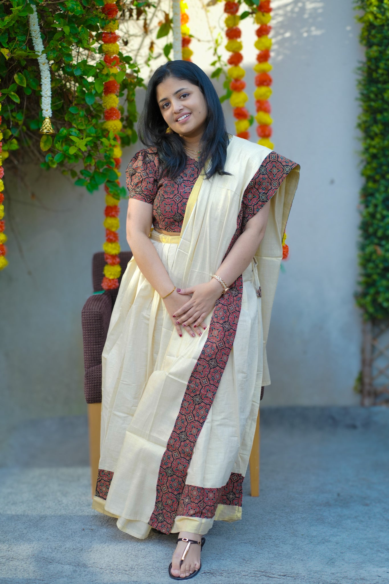 Ajrakh Style Blouse with tissue skirt (KER-1157)