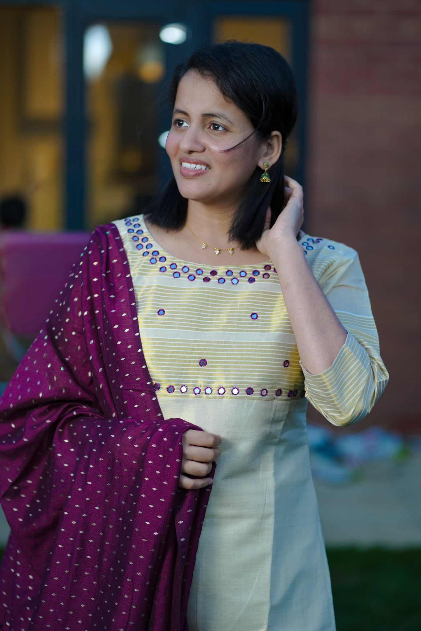 Elegant Kerala Kasavu Salwar Suit with Maroon Dupatta(KER-1164)