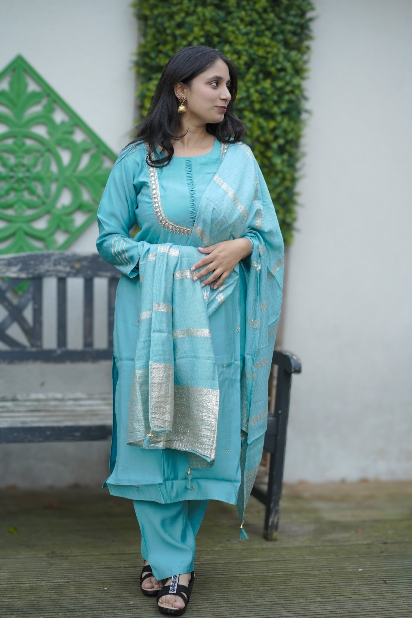 Turquoise Blue Embroidered Suit Set with Dupatta
(KSH-1132)