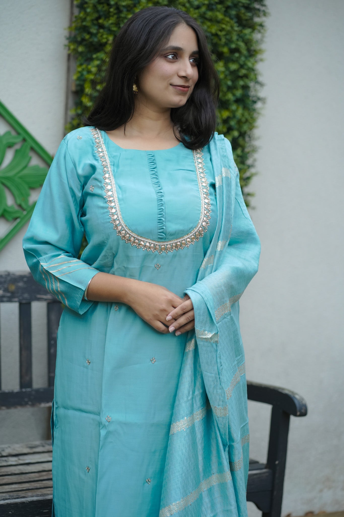 Turquoise Blue Embroidered Suit Set with Dupatta
(KSH-1132)