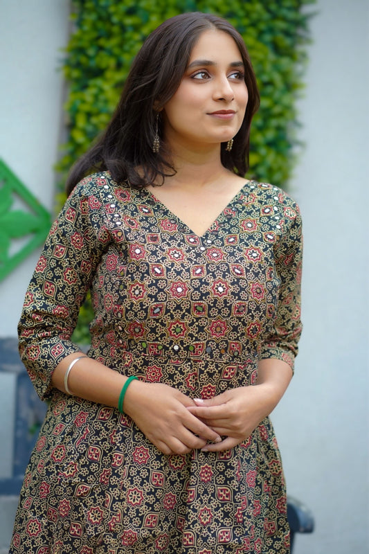 Ajrakh print dress with mirror work(KER-1177)