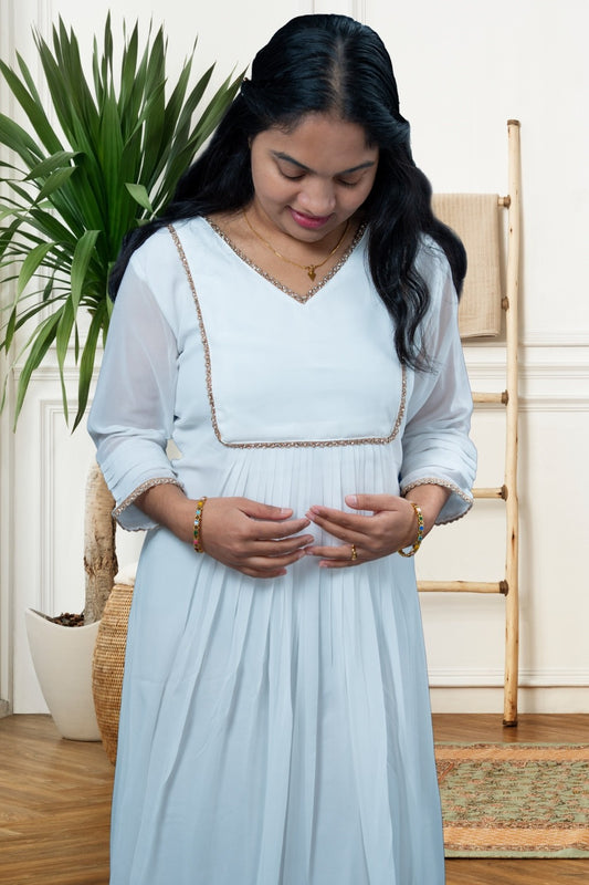 Elegant White Cotton Silk Anarkali Dress with Pleated Flare(KER-1202)