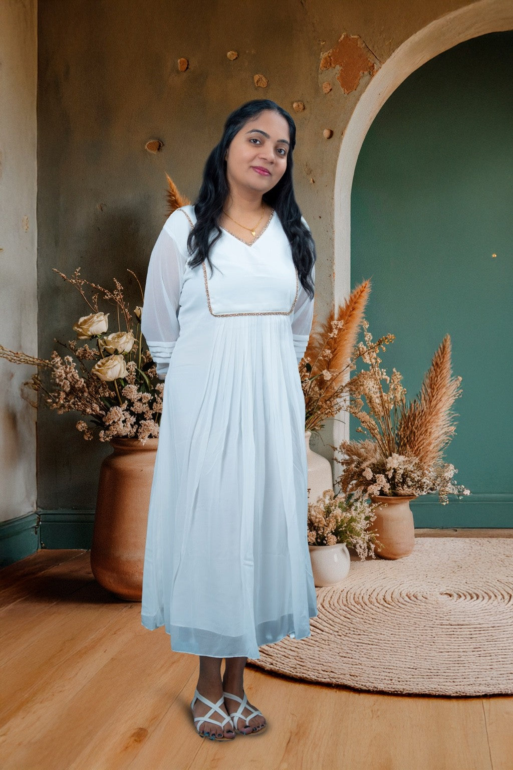 Elegant White Cotton Silk Anarkali Dress with Pleated Flare Floral Blues Elegant White Cotton Silk Anarkali Dress with Pleated Flare Floral Blues