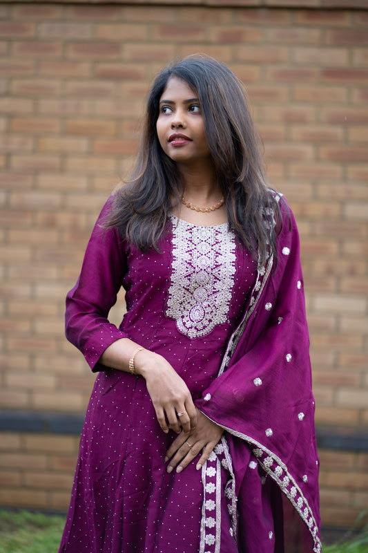 Wine Red Embroidered Salwar Suit with Dupatta – Elegant Festive Wear (KSh-1204)