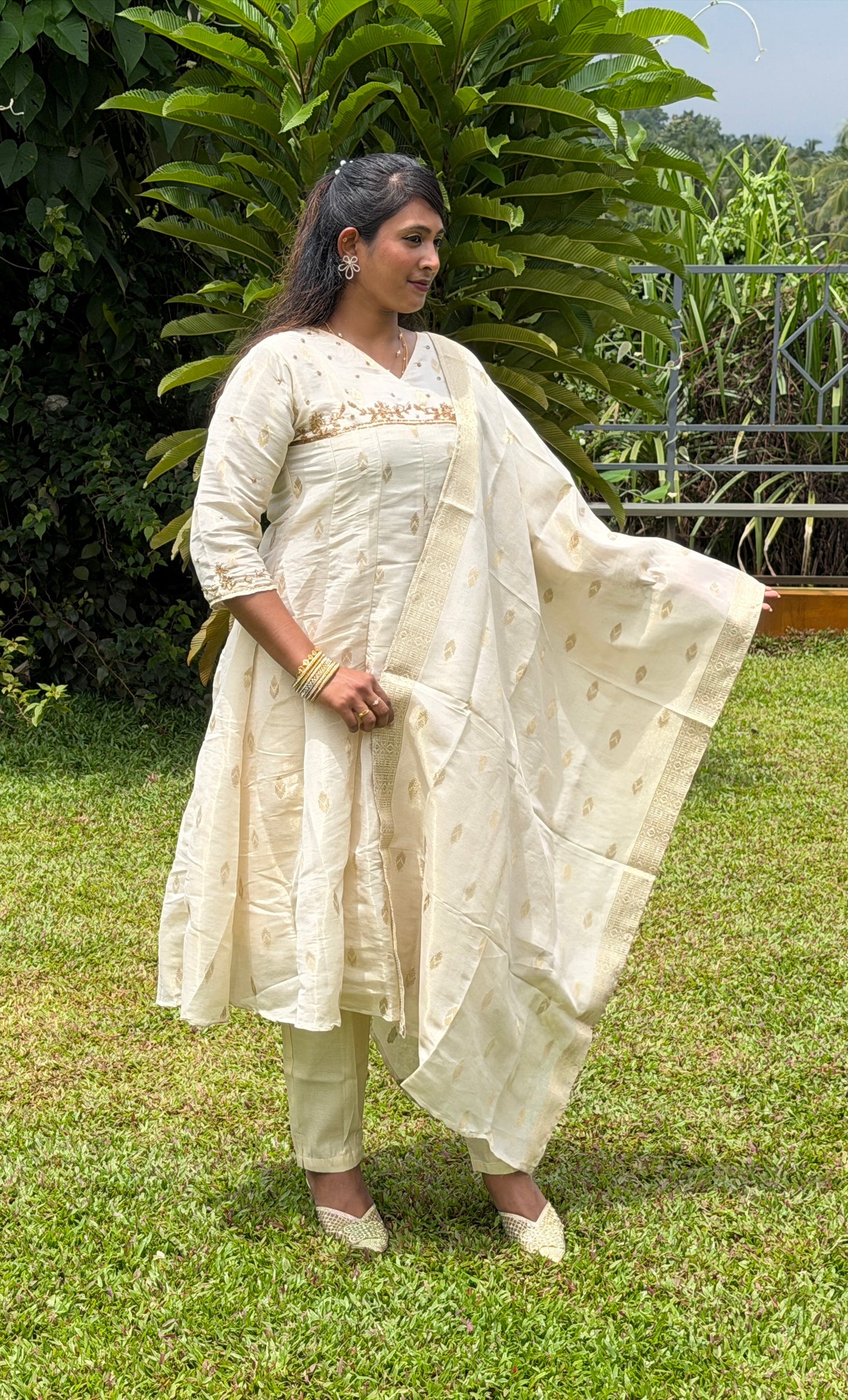 Women’s Tissue Silk Salwar Suit with Dupatta | Cream & Gold Embroidered Ethnic Set (KER-1186)