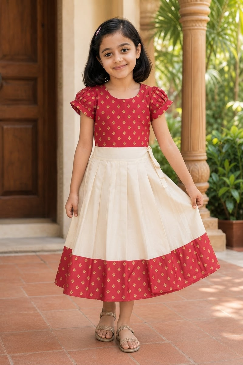 Girls Red & Ivory Traditional Skirt and Top Set (KCW-147)