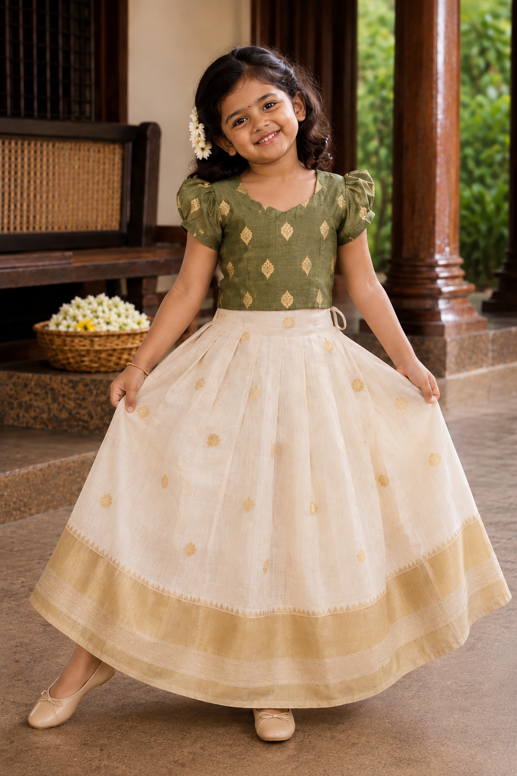 Girls green & Ivory Traditional Skirt and Top Set (KCW-148)