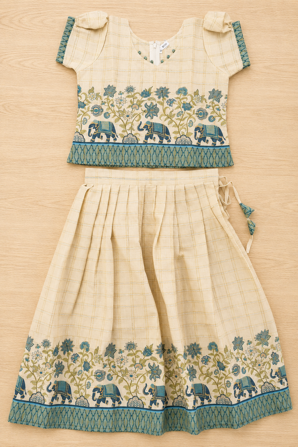 Girls Printed Top & Skirt Set | Beige & Blue dress (KER-1180)