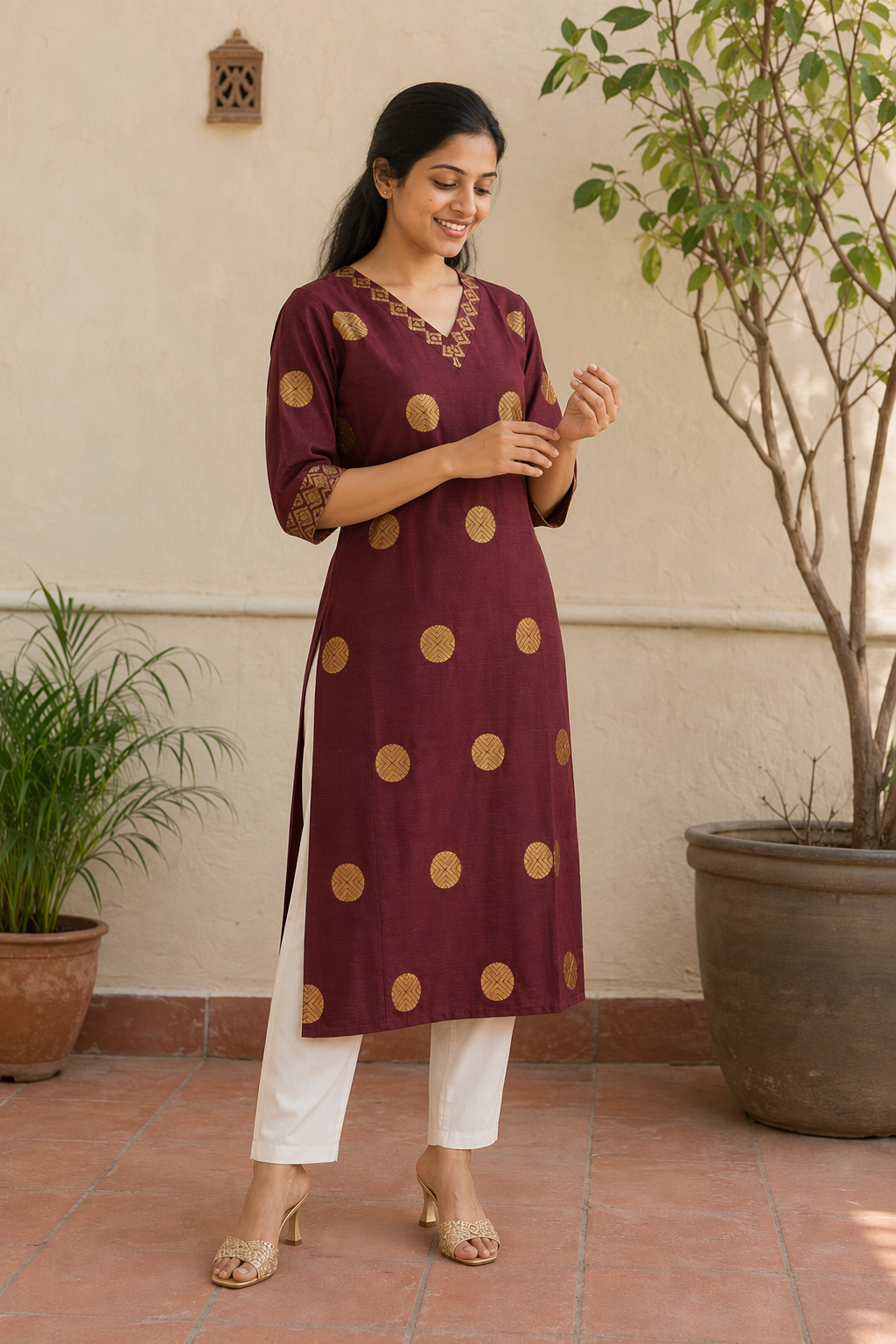 Women’s Cotton Silk Kurta | Maroon Printed Ethnic Kurti (KER-1185)