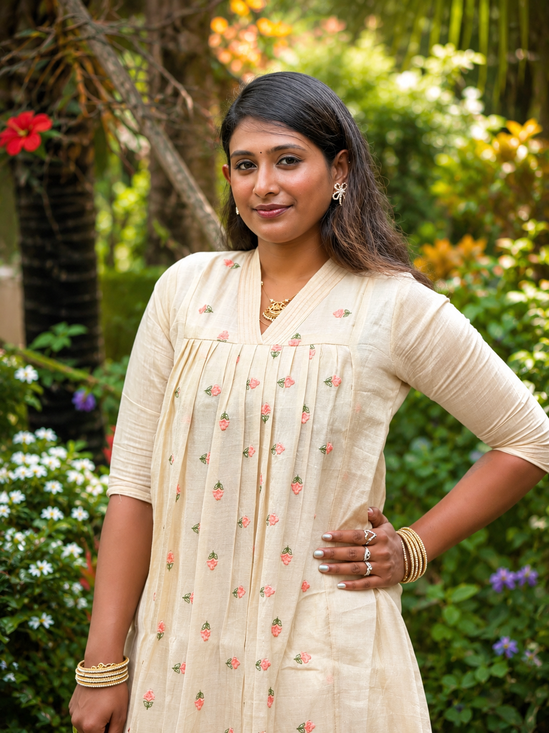 Women’s Tissue Kurta | Cream Embroidered Ethnic Kurti (KER-1187)