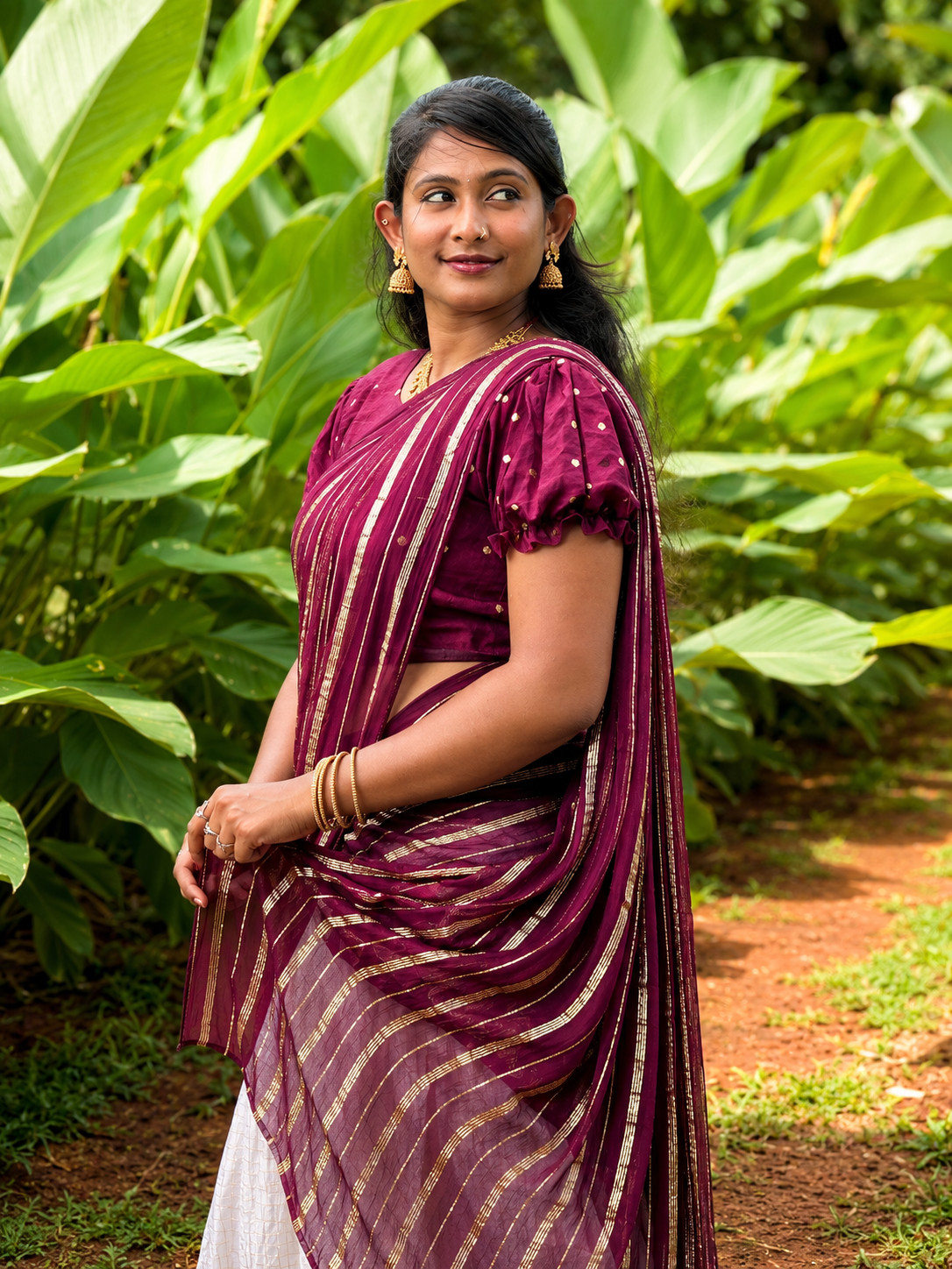 Women’s Kerala Half Saree Set | Purple Blouse, Cream Kasavu Skirt & Dupatta (KER-1189)