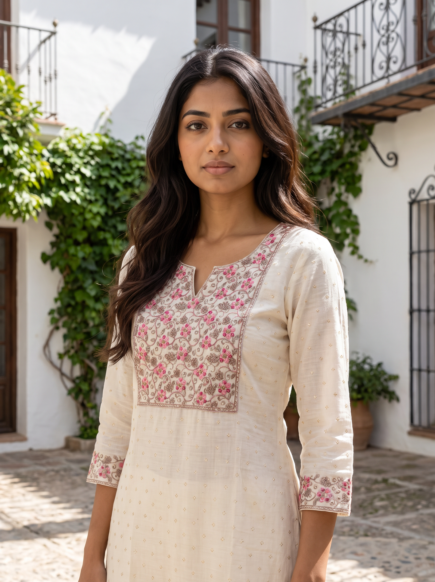 Premium Cotton Embroidered Kurta | Cream Floral Ethnic Kurti (KER-1191)
