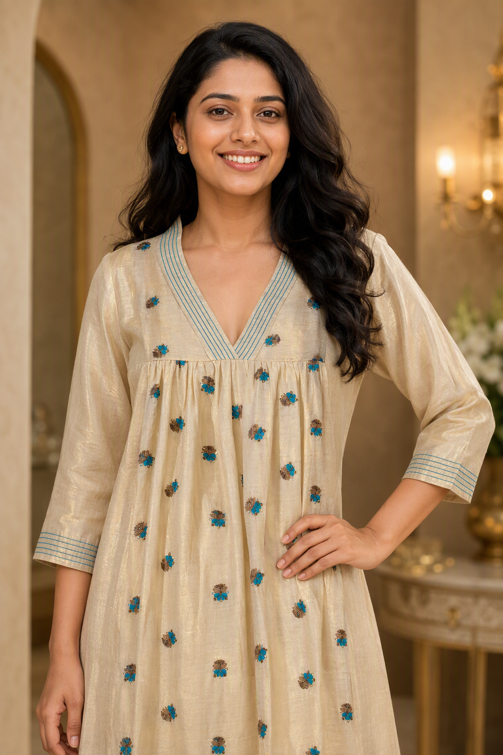 Premium Tissue Embroidered Long Kurta for Women (KER-1202)